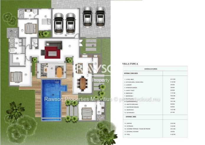 NEW – VILLA FOR SALE PEREYBERE Type A | 4 Bedrooms / 4.5 Bathrooms | 296 m² | From MUR