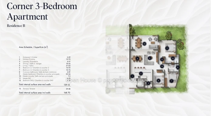 Appartement R+2 à vendre à Pointe aux Piments, 141m², 3 chambres, piscine commune, grande terrasse avec aperçu mer.