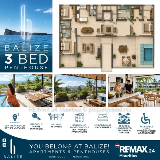Penthouse 3 ch. avec piscine, étrangers acceptés – Cap Malheureux