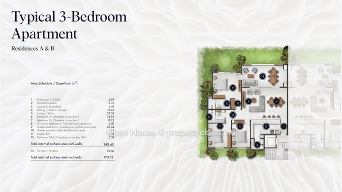 Appartement R+2 à vendre à Pointe aux Piments, 141m², 3 chambres, piscine commune, grande terrasse avec aperçu mer.