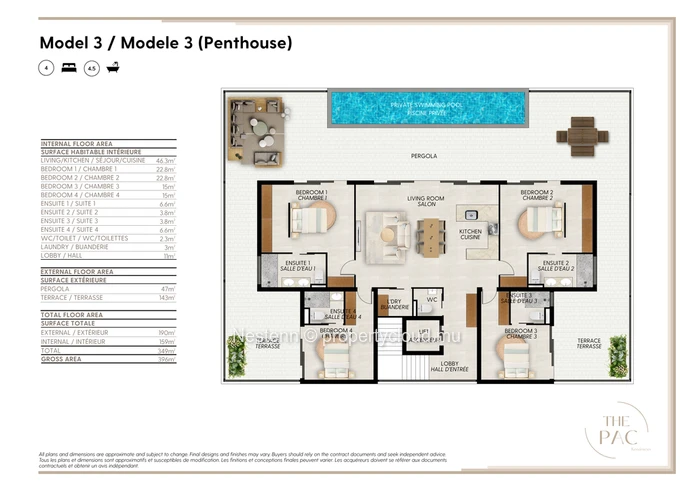 Modern penthouse in Pointe aux Canonniers with 4 bedrooms, 4 baths, garage, security, and close to amenities. Unfurni...