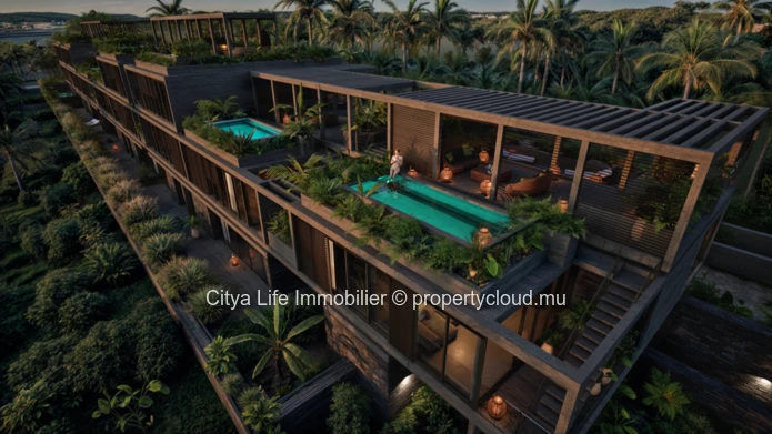 REZ+2 à vendre à Roches Noires, 146m², 3 chambres, piscine commune, terrain en toute propriété, accès toiture, généra...