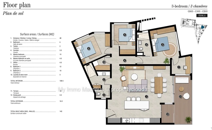 Appartement neuf 3 chambres Tamarin