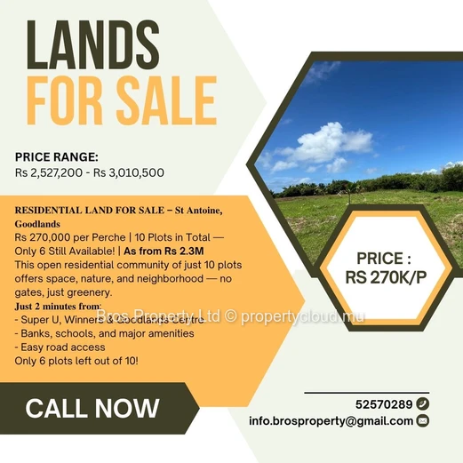 TERRAINS RÉSIDENTIELS À VENDRE - St Antoine, Goodlands | 270 000 roupies par perche | 10 parcelles au total - Seuleme...