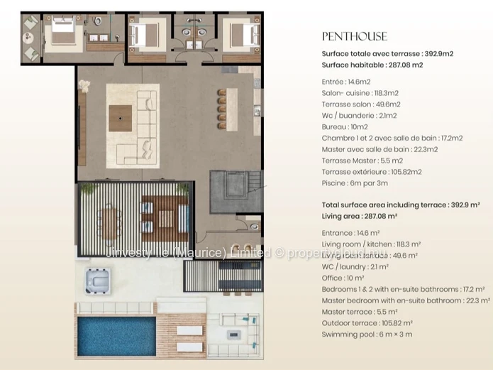 JINVESTY MAURITIUS : 3-bedroom ensuite penthouse with private pool in Mont Choisy | Palm Prestige