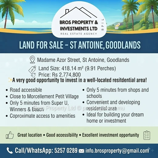 Rs (9.91 Perches) | Land for Sale in St Antoine, Goodlands