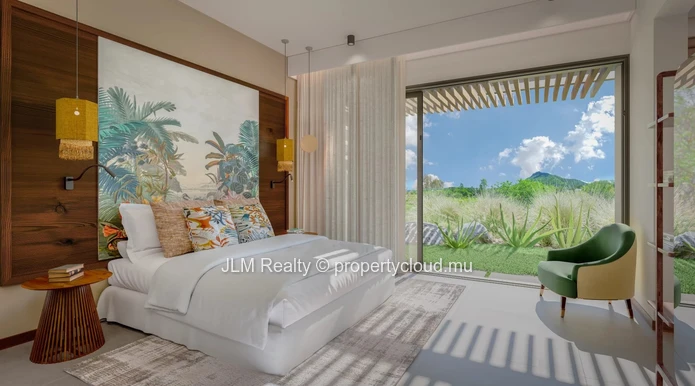 Luxury bioclimatic villa for sale within a golf estate in Black River, Mauritius, with access to 5*