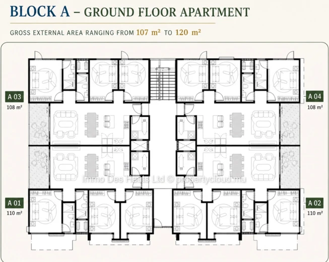 Appartement non meublé de 3 chambres au rez-de-chaussée à vendre dans une résidence, Flic en Flac