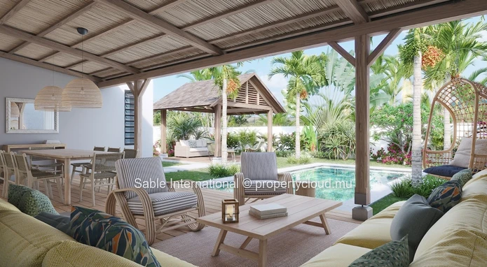 Villa RES à vendre à Petit Raffray, 246m² habitables, terrain de 623m², 3 chambres, piscine privée, parking, jardin